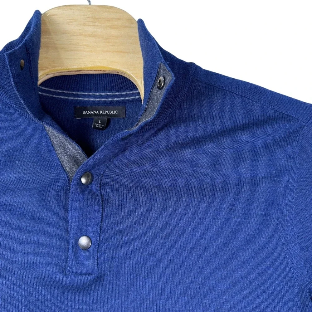 Banana Republic Sweater Men Large Blue Mock Neck Quarter Snap Wool Pullover Prep